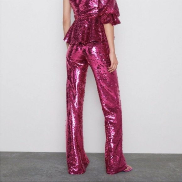 NWT Zara fuchsia sequin flare pants - Picture 6 of 9